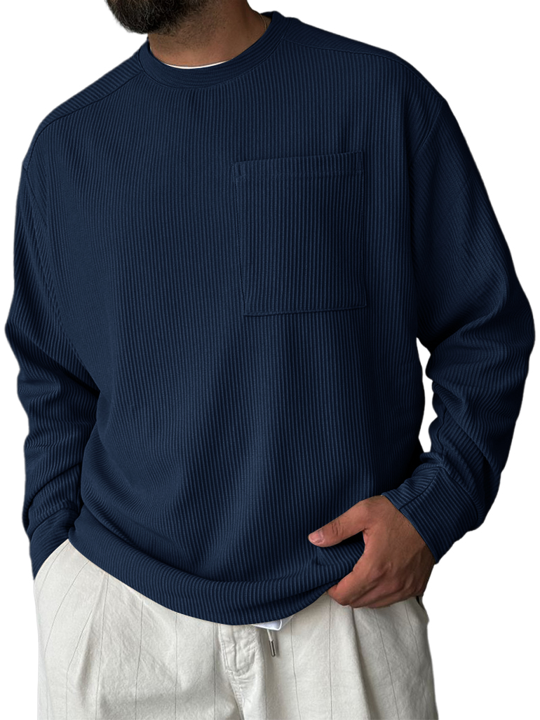 Men's Striped Jacquard Crew Neck Pocket Casual Comfortable Long-sleeved T-shirt