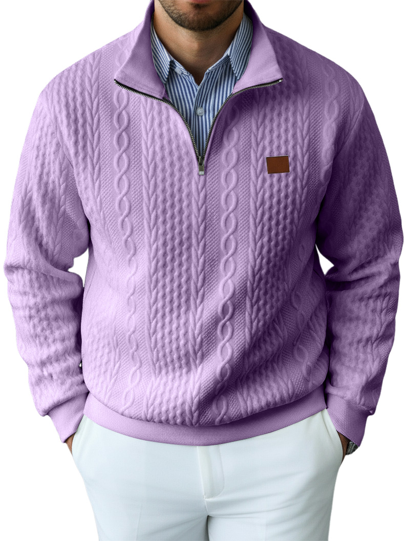 Men's Casual Solid Color Cable Knit Textured Quarter Zipper Stand Collar Sweatshirt
