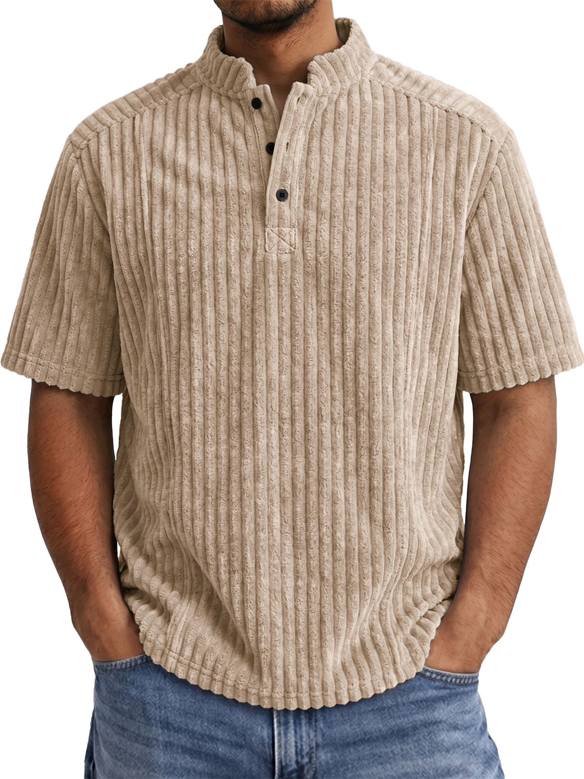 Men's Retro Casual Corduroy Short-Sleeve Henley Shirt