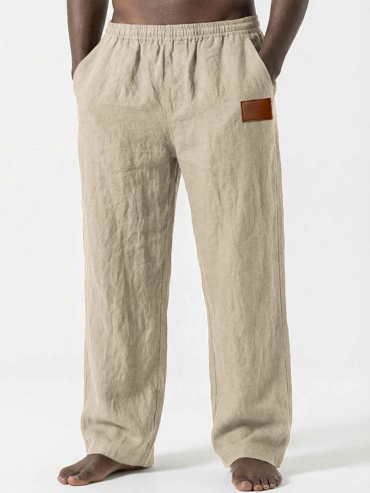 Breathable Linen Pants with Leather Embroidery