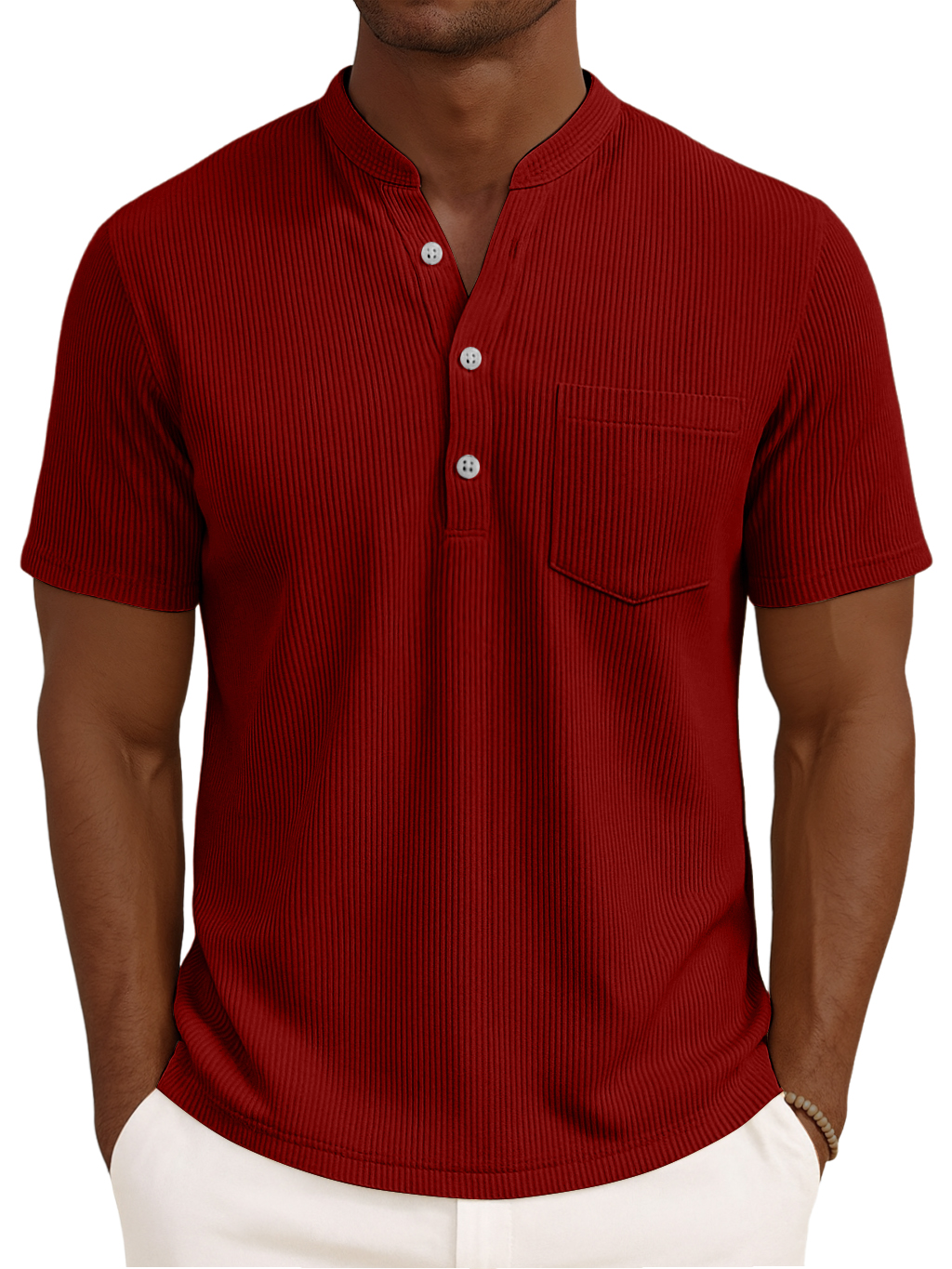 Men's Henley Collar Solid Color Loose And Comfortable Vertical Striped Pocket Short-sleeved Top