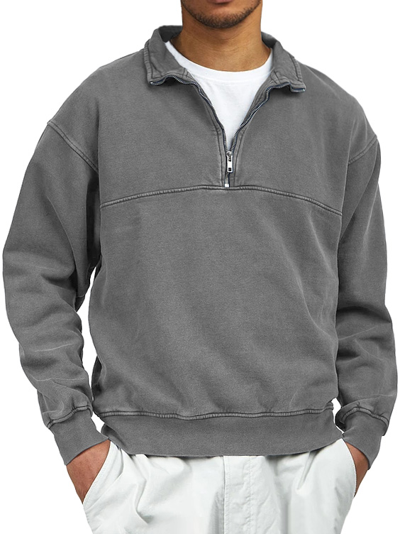 Men's Retro Distressed Quarter Zipper Stand Collar Long-Sleeve Sweatshirt