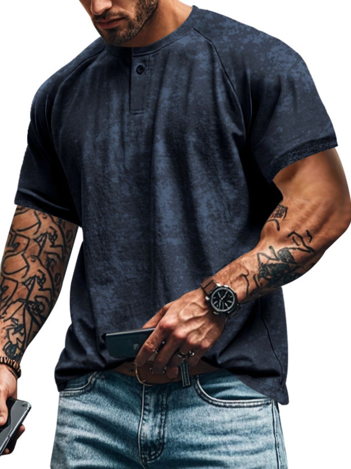 Men's Vintage Raglan Sleeve Henry Distressed Short Sleeve T-Shirt