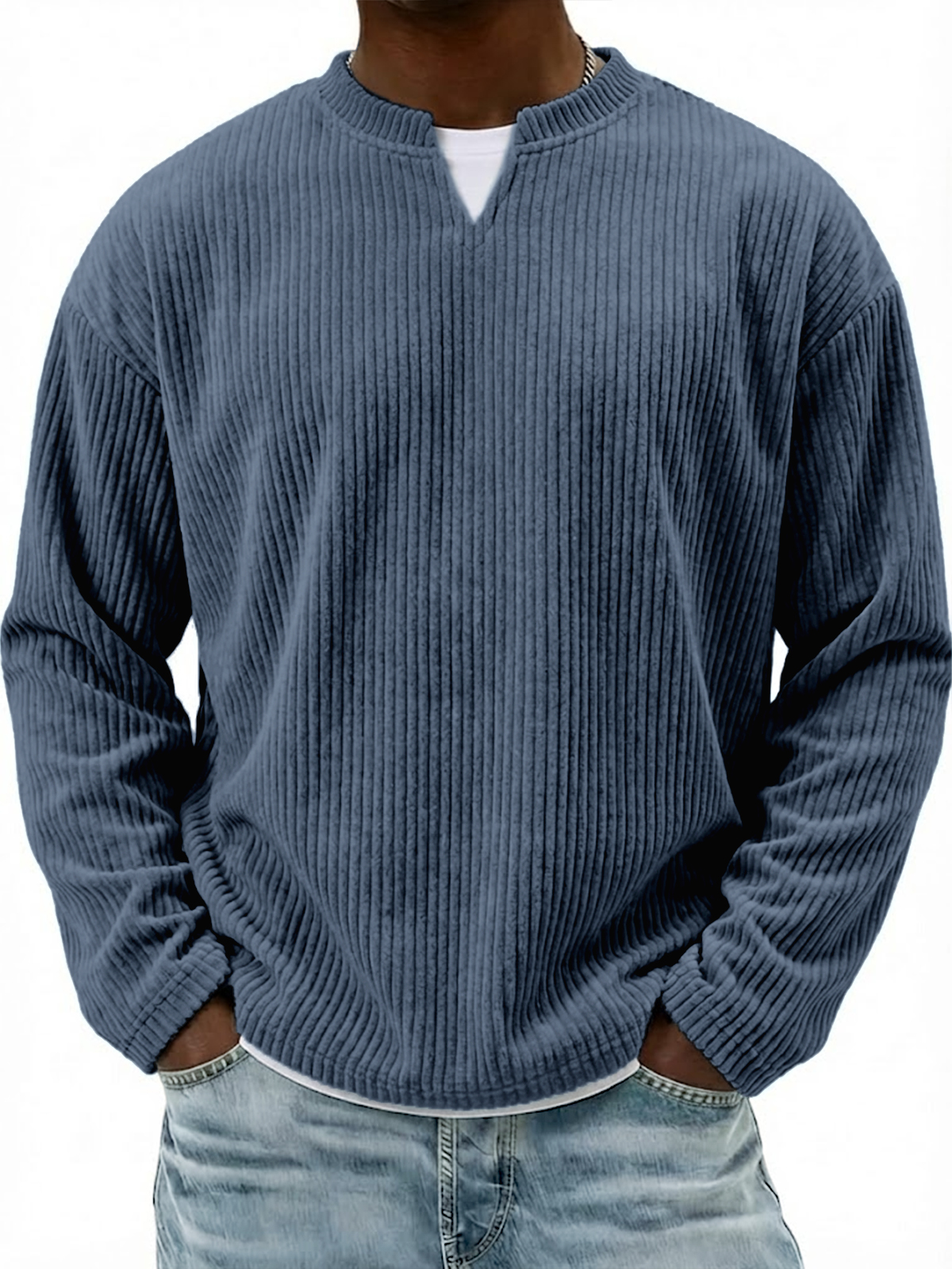 Corduroy V-neck Casual Long-sleeved T-shirt