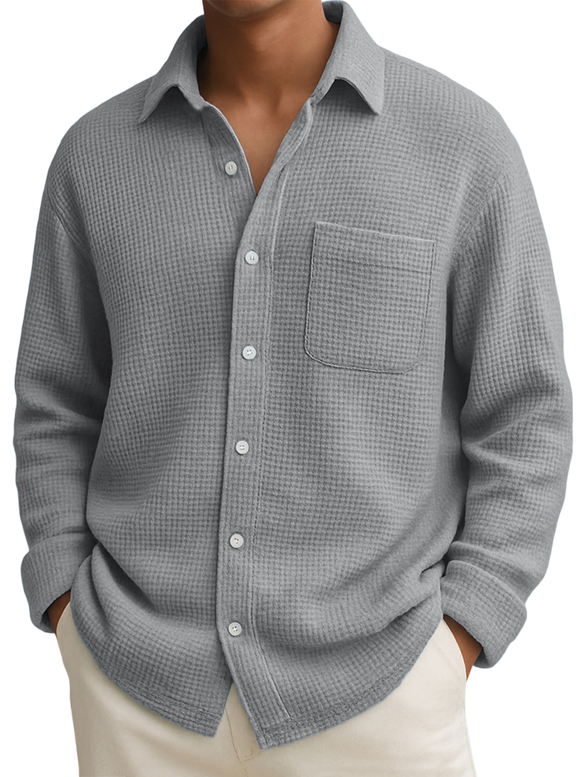 Men's Comfort Waffle Lapel Long Sleeve Shirt with Chest Pocket