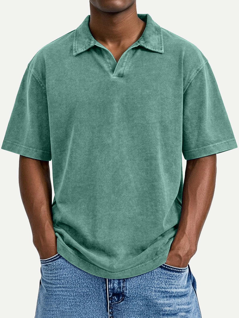 Men's Vintage Distressed Loose-Fit Casual Seagull Collar Short-Sleeve Polo Shirt
