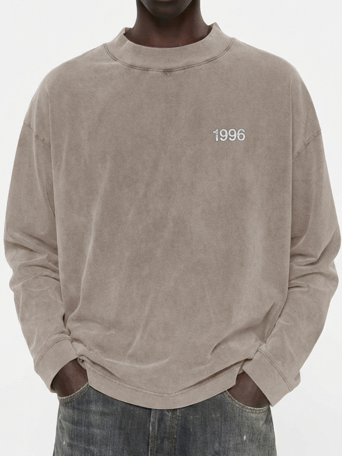 Men's 100% Cotton Vintage Washed and Distressed 1996 Crew Neck Long-Sleeved T-shirt