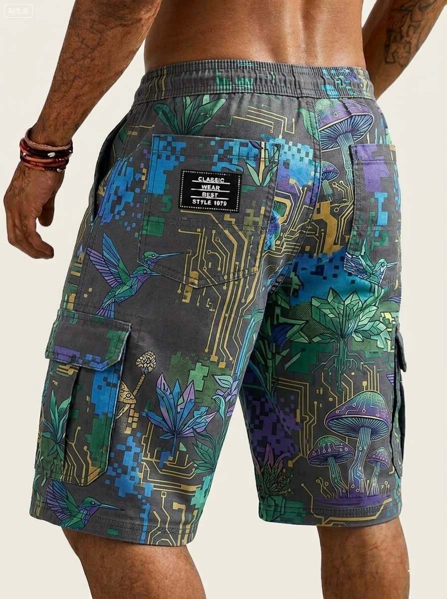 Digital Iridescent Mushroom Cargo Shorts