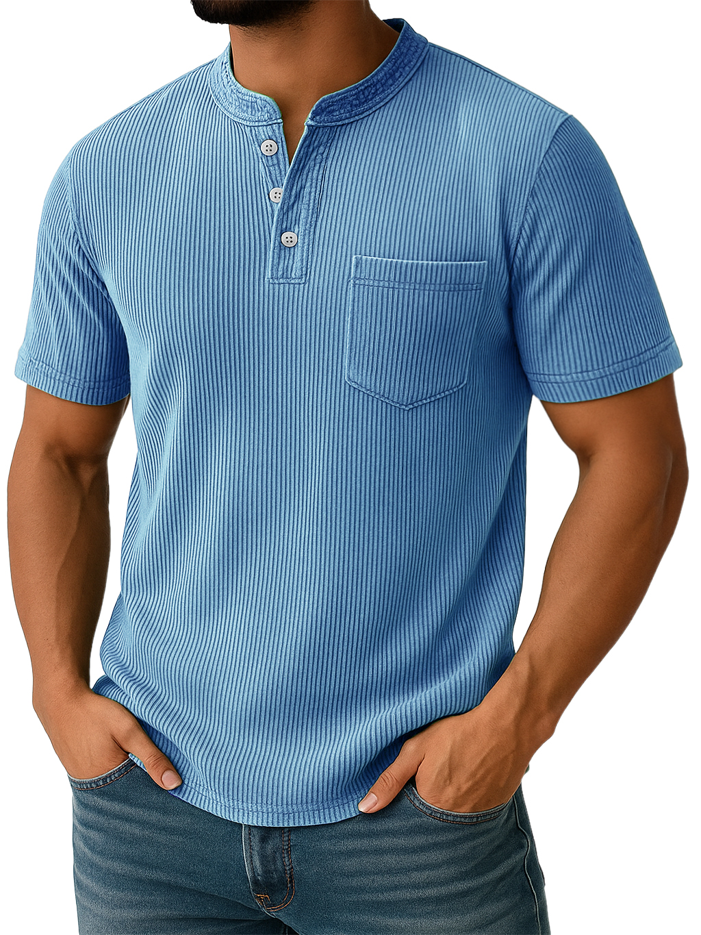 Men's Retro Stand-up Collar Ribbed Texture Vertical Stripe Pocket Casual T-shirt