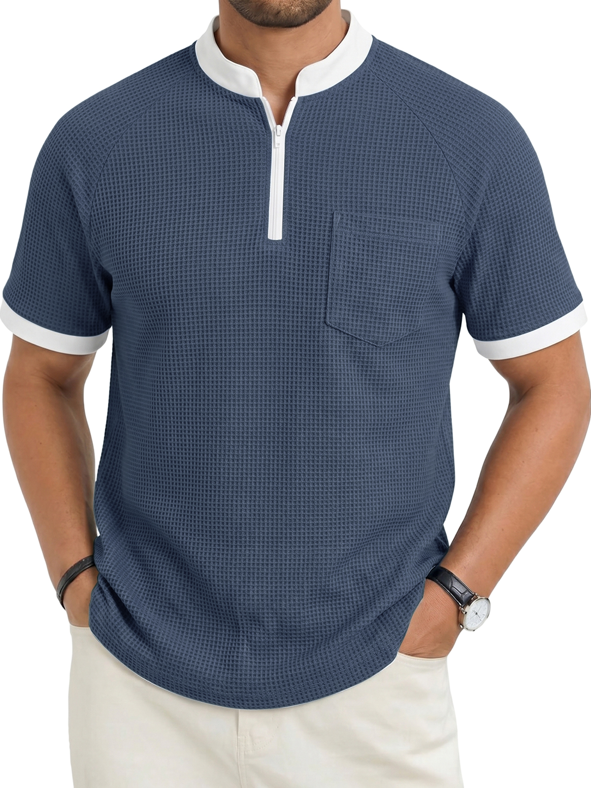 Men's Fashion Casual Stand Collar Zipper Waffle Fabric Pocket Short-Sleeve Top