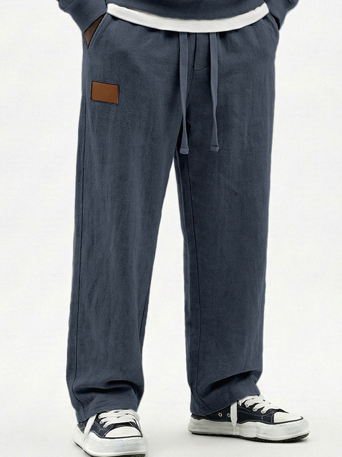 Men's Breathable Cotton-linen Textured Pants with Leather Embroidery Patchwork
