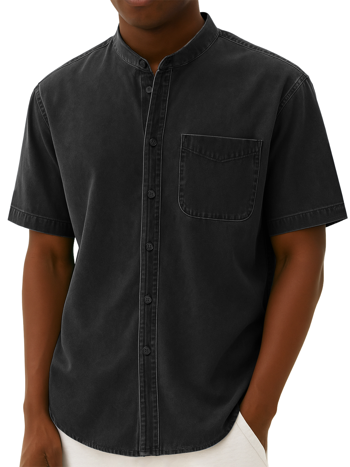 Men's Stylish Retro Distressed Pocket Work Short-sleeved Shirt With Stand-up Collar