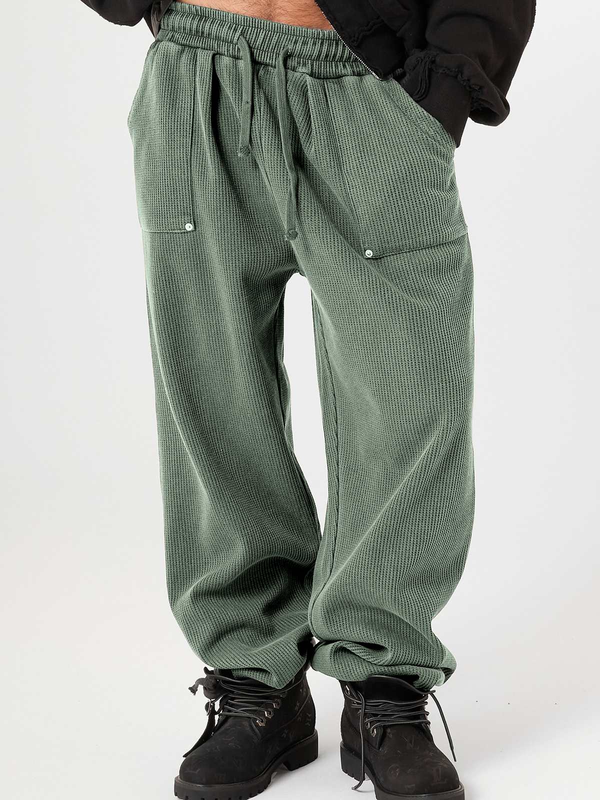 Men's Stylish Waffle-Knit Patchwork Design Baggy Pants
