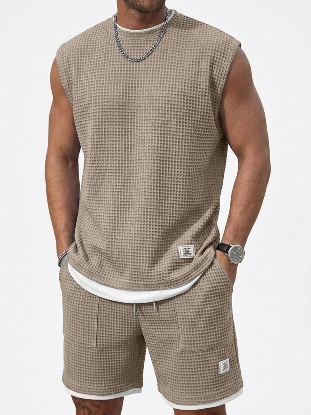 Stylish And Casual Waffle Fabric Vest And Shorts Two-piece Set