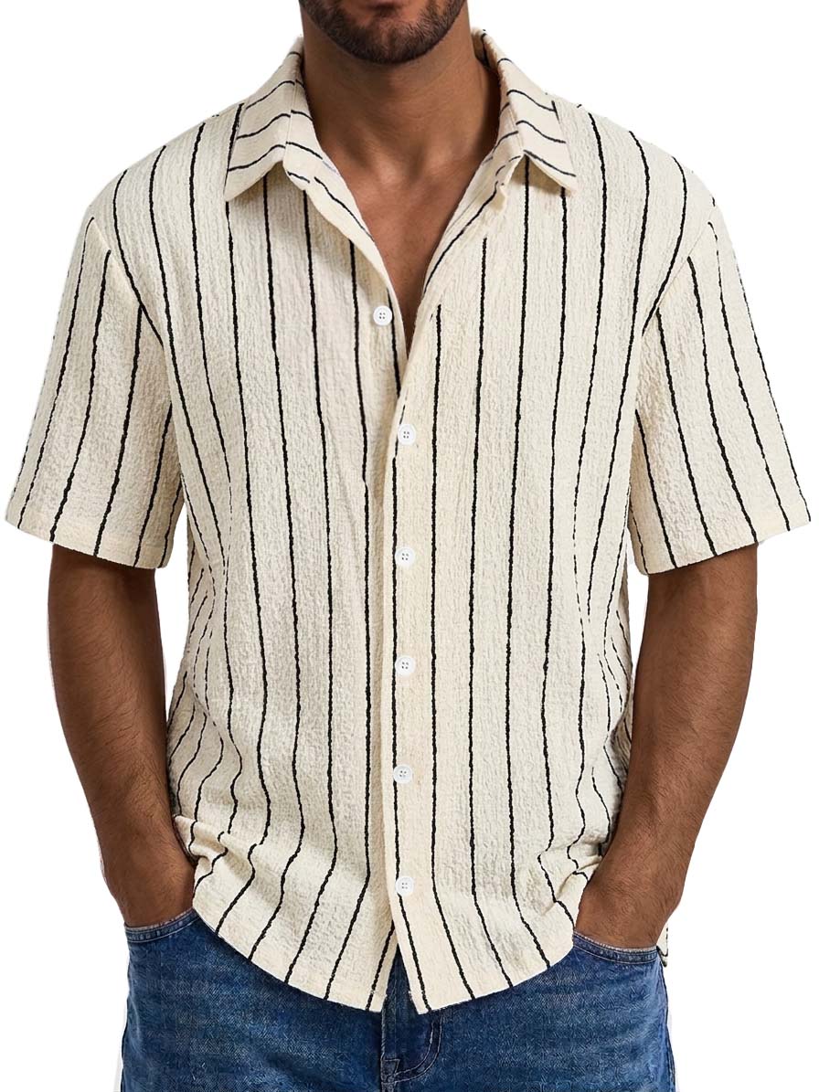 Men's Casual Textured Embroidered Logo Loose Comfort Striped Short Sleeved Shirt