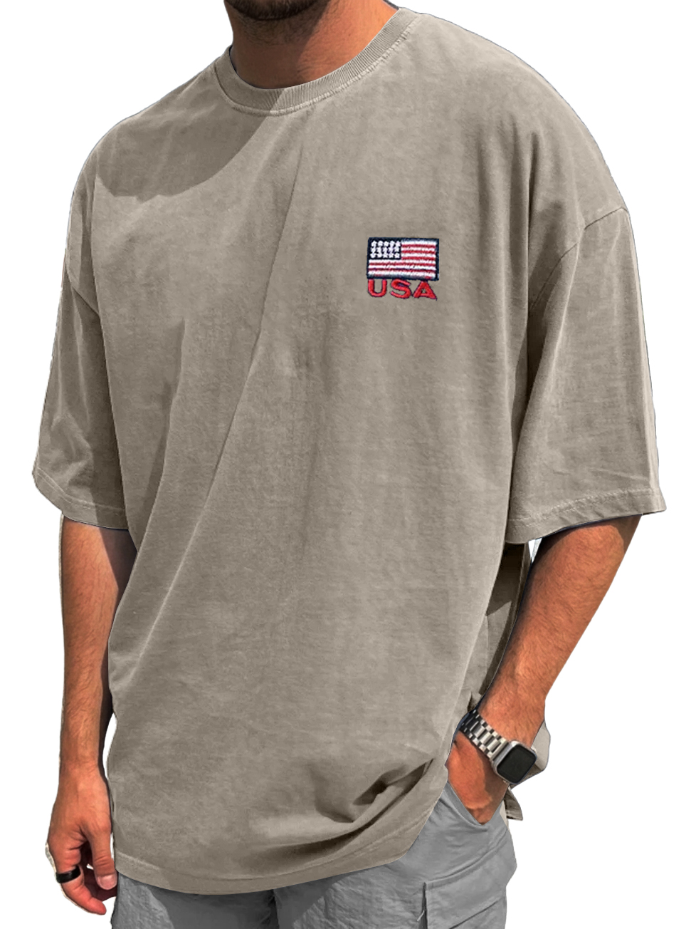 Men's Vintage Washed & Distressed Crew-Neck T-Shirt with "USA" Print