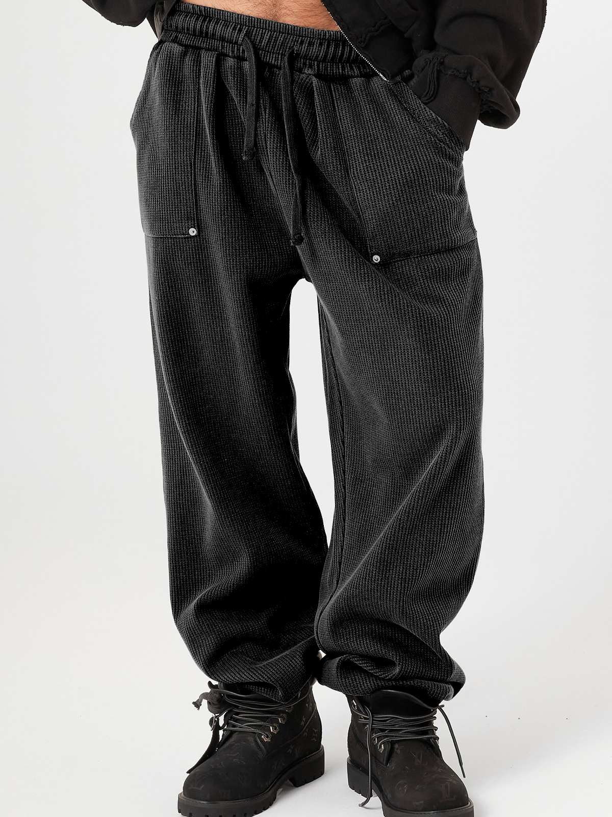 Men's Stylish Waffle-Knit Patchwork Design Baggy Pants