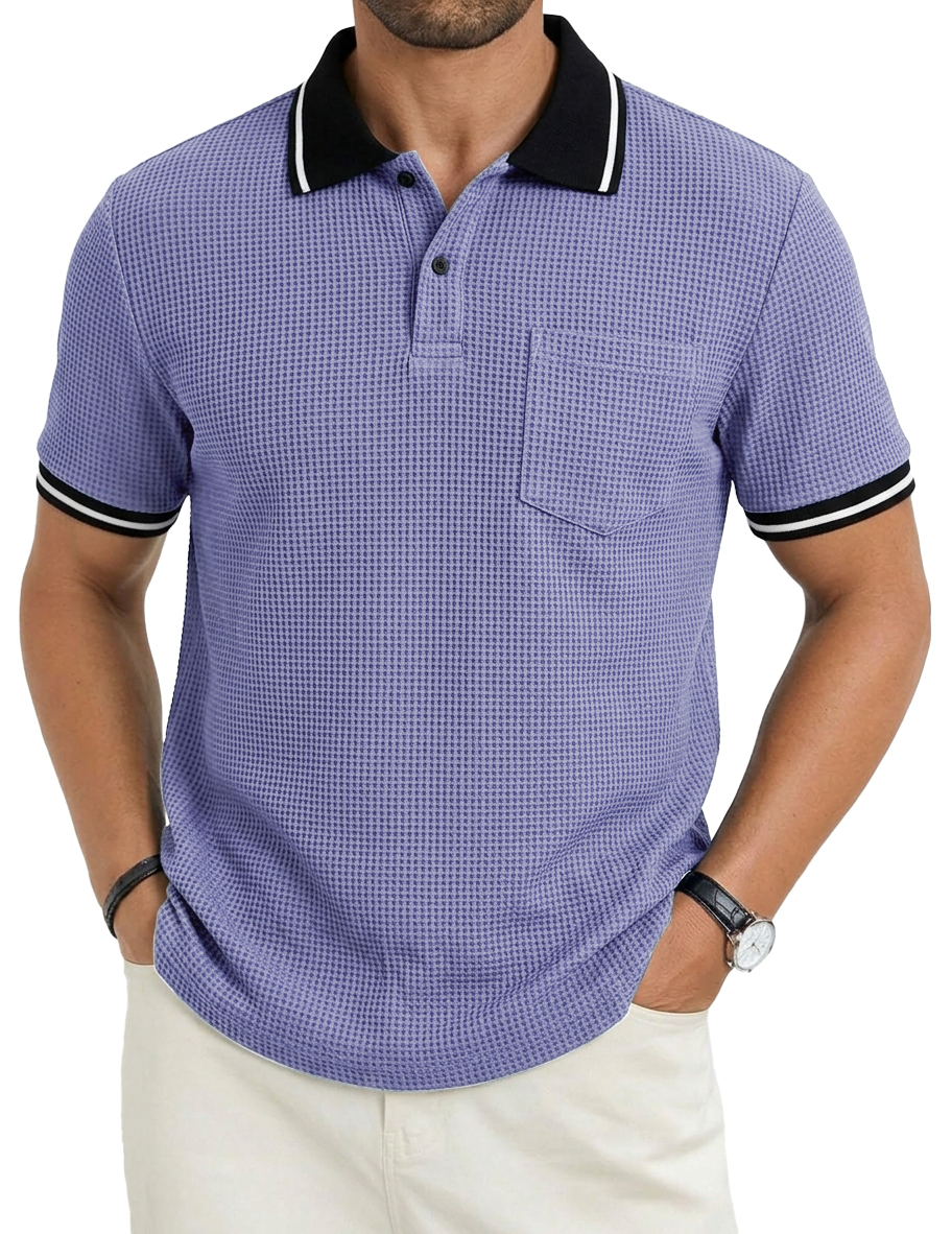 Men's Fashionable Casual Commuter Color-blocked Waffle Fabric Polo Shirt