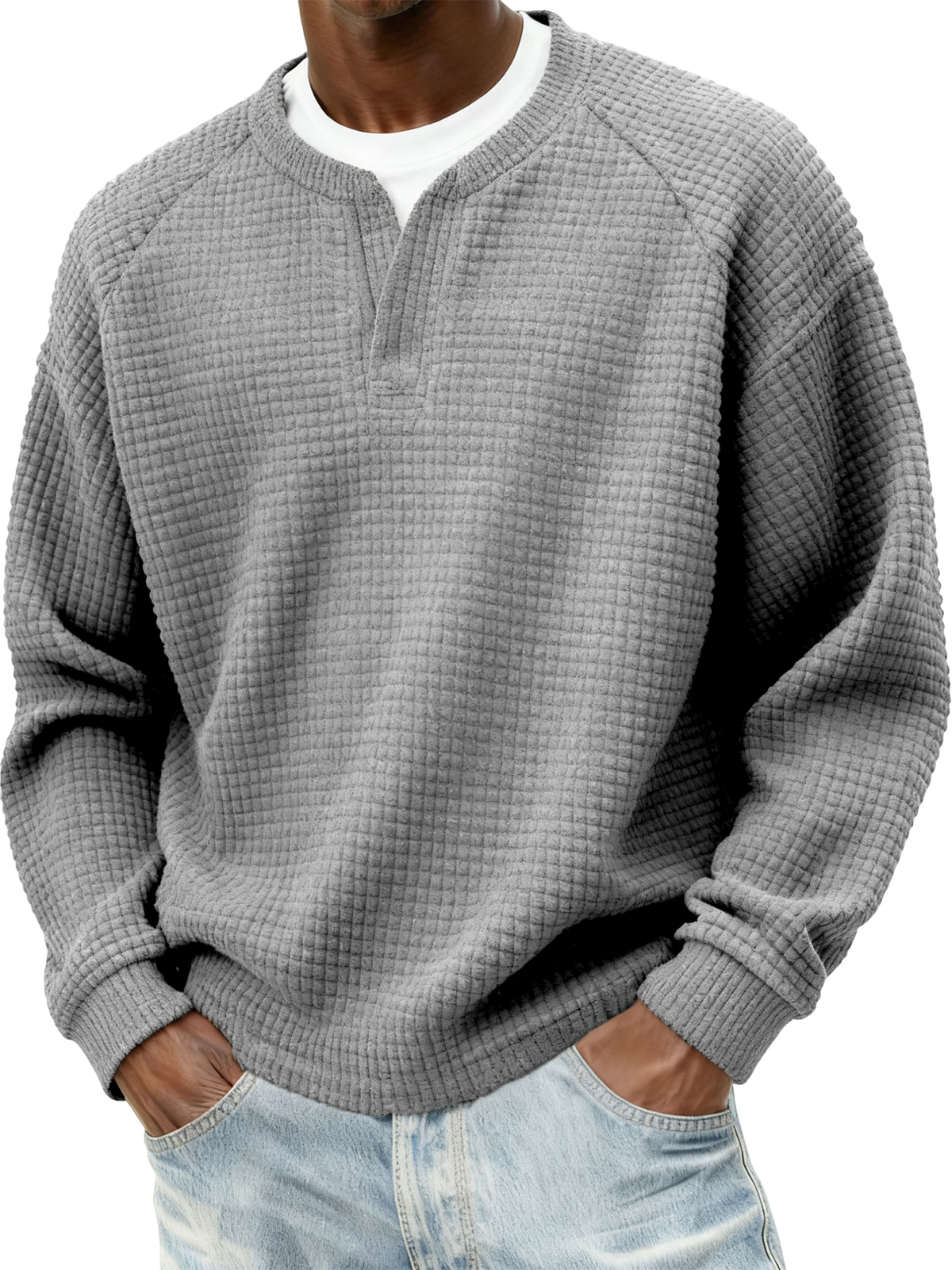 Men's Stylish Cord Waffle Fake Two-Piece V-neck Raglan Sleeve Pullover Sweatshirt