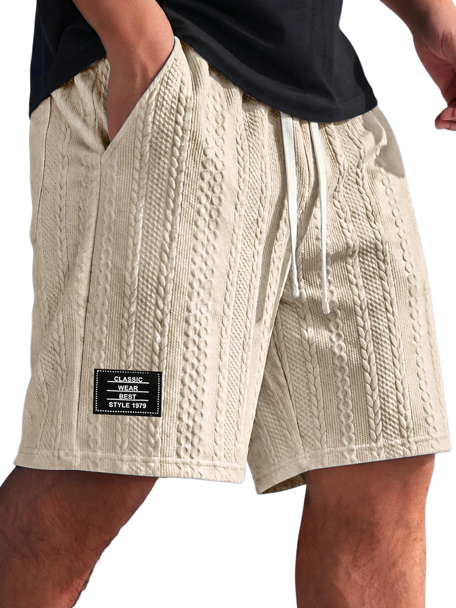 Men's Textured Embroidered Logo Elastic-Waist Casual Shorts