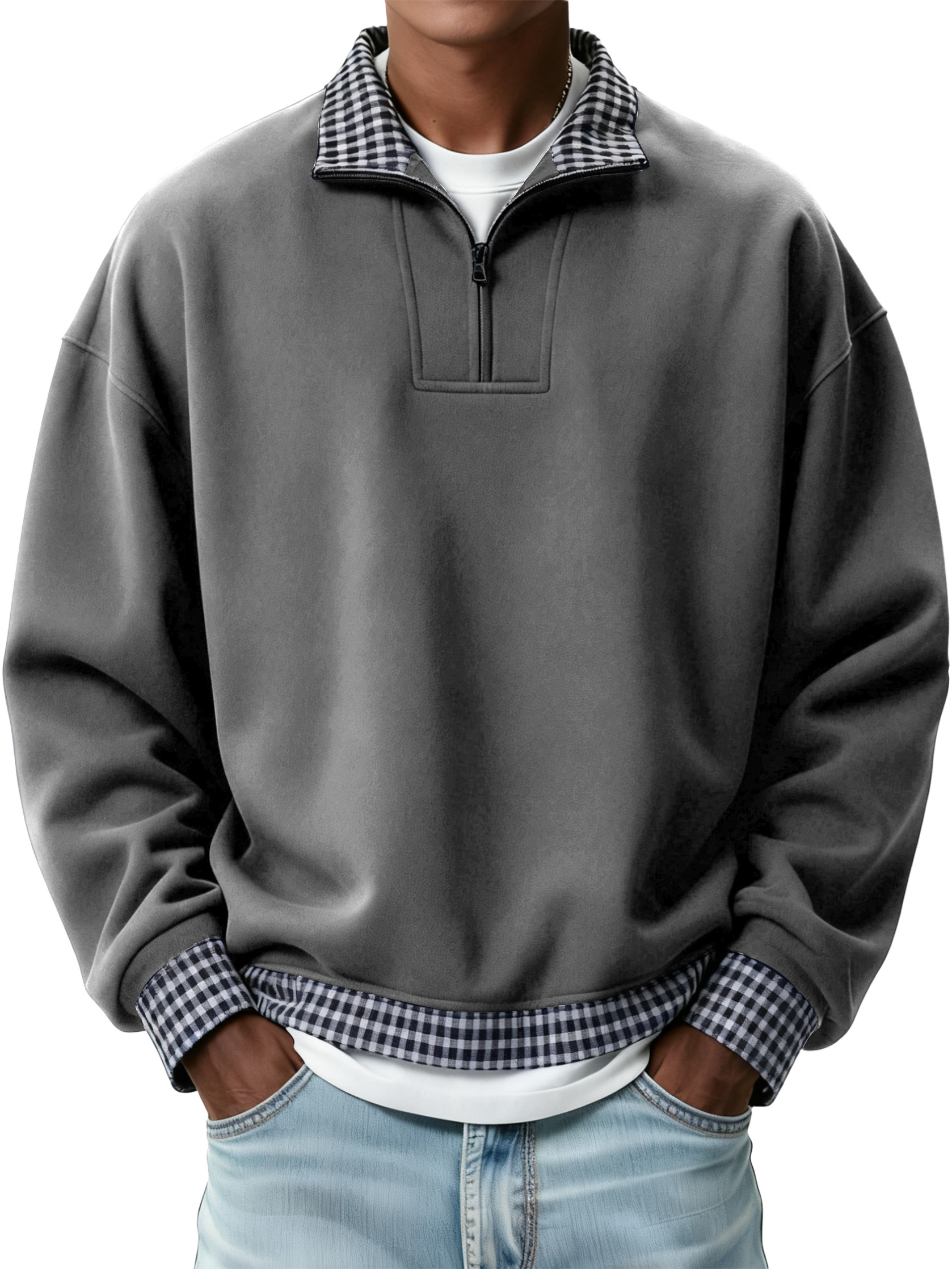 Men's Retro Casual Plaid Patchwork Quarter Zip Sweatshirt