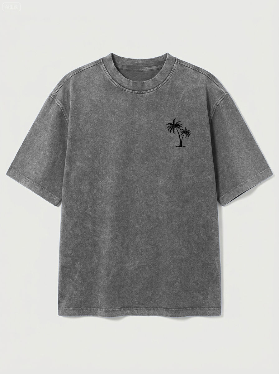 100% Cotton Vintage Washed & Distressed Crew-Neck Short-Sleeve T-Shirt with Palm Tree Print