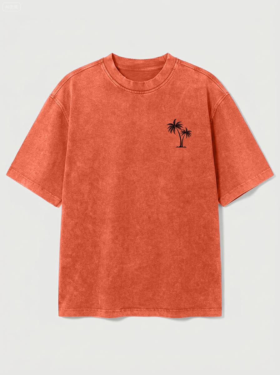 100% Cotton Vintage Washed & Distressed Crew-Neck Short-Sleeve T-Shirt with Palm Tree Print