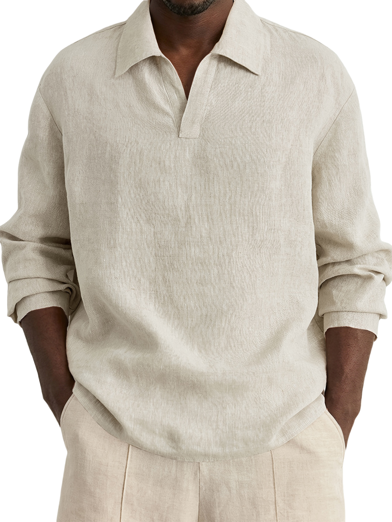 Men's Casual Simple Cotton Linen V-Neck Long-Sleeve Shirt