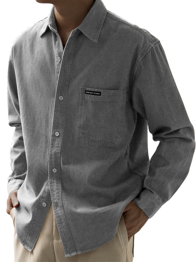 Men's Basic Vintage Washed Pocket Logo Long Sleeve Shirt