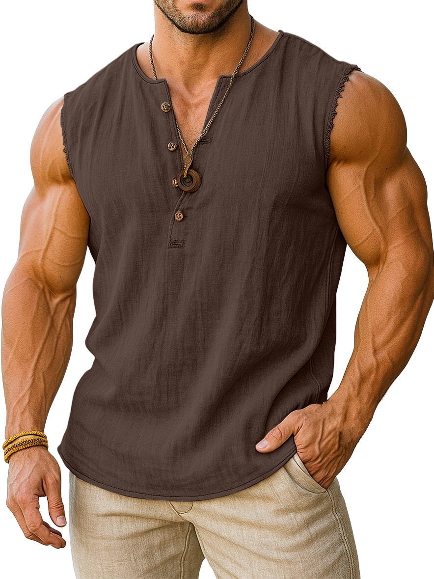 Men's Retro Cotton And Linen Sleeveless Henley Button-down T-shirt