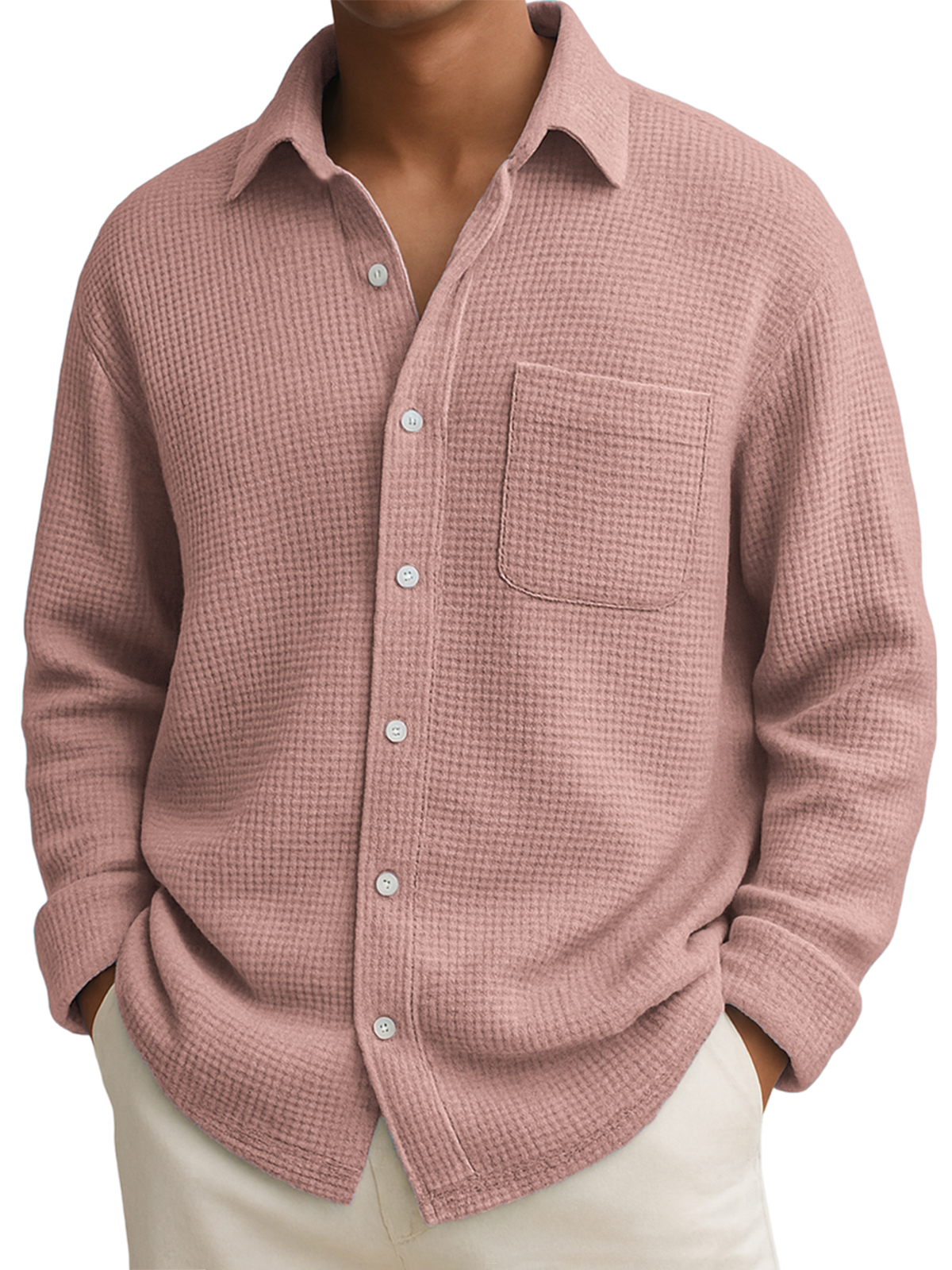 Men's Comfort Waffle Lapel Long Sleeve Shirt with Chest Pocket