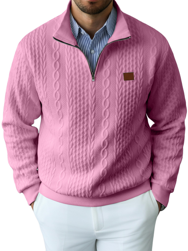 Men's Casual Solid Color Cable Knit Textured Quarter Zipper Stand Collar Sweatshirt