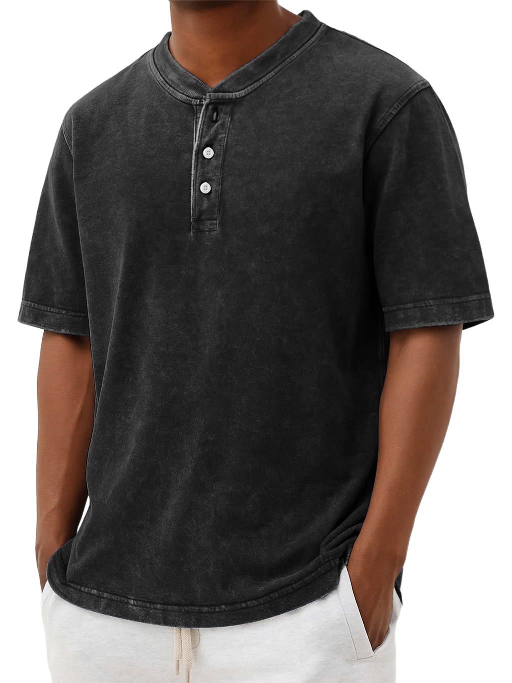Men's Henry Collar Washed And Distressed Retro Casual Top