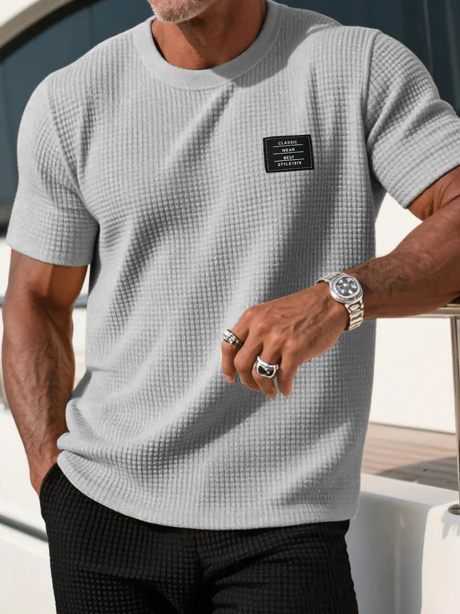 Men's Casual Waffle Fabric Logo Short-sleeved T-shirt