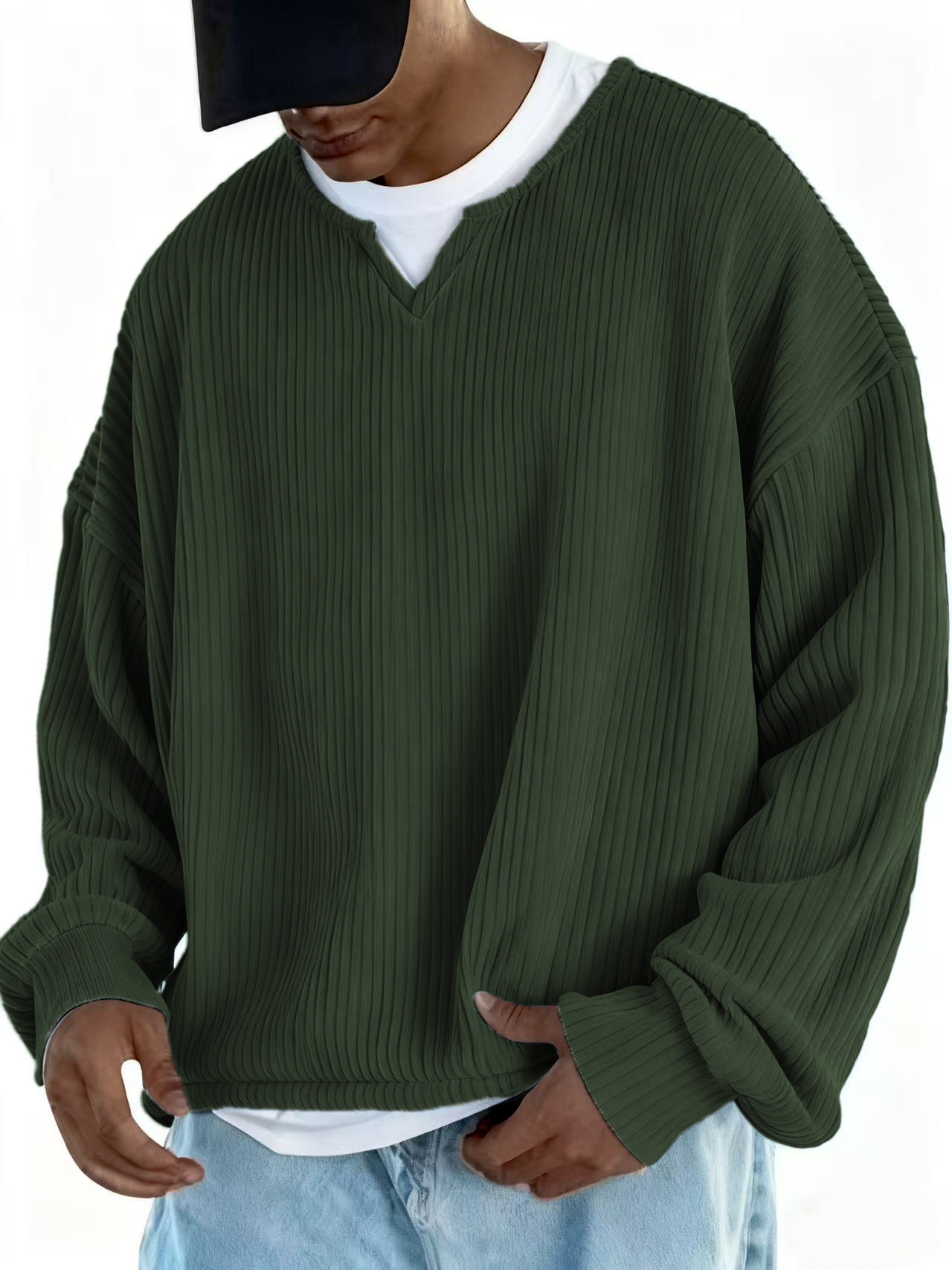 Men's V-neck Notch Collar Ribbed Long-sleeved Pullover