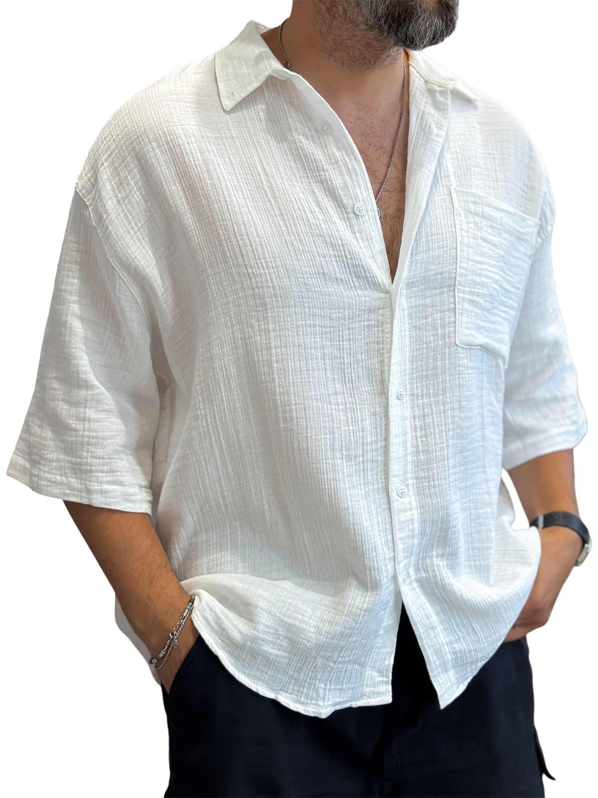 Men's Casual Loose Textured Striped Cool Short-Sleeve Shirt