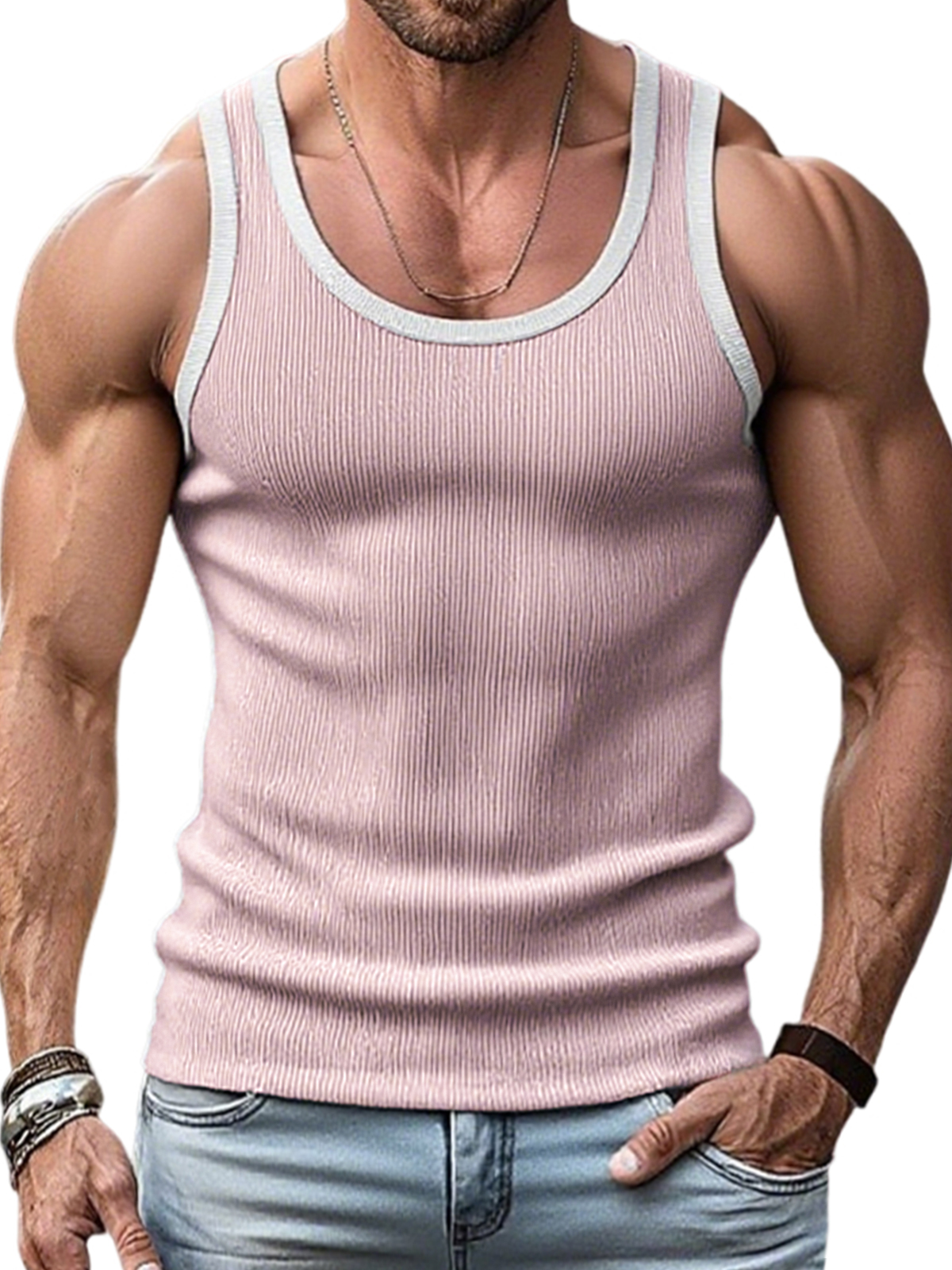 Men's Stylish Ribbed Contrast Color Sleeveless Sports Fitness Vest