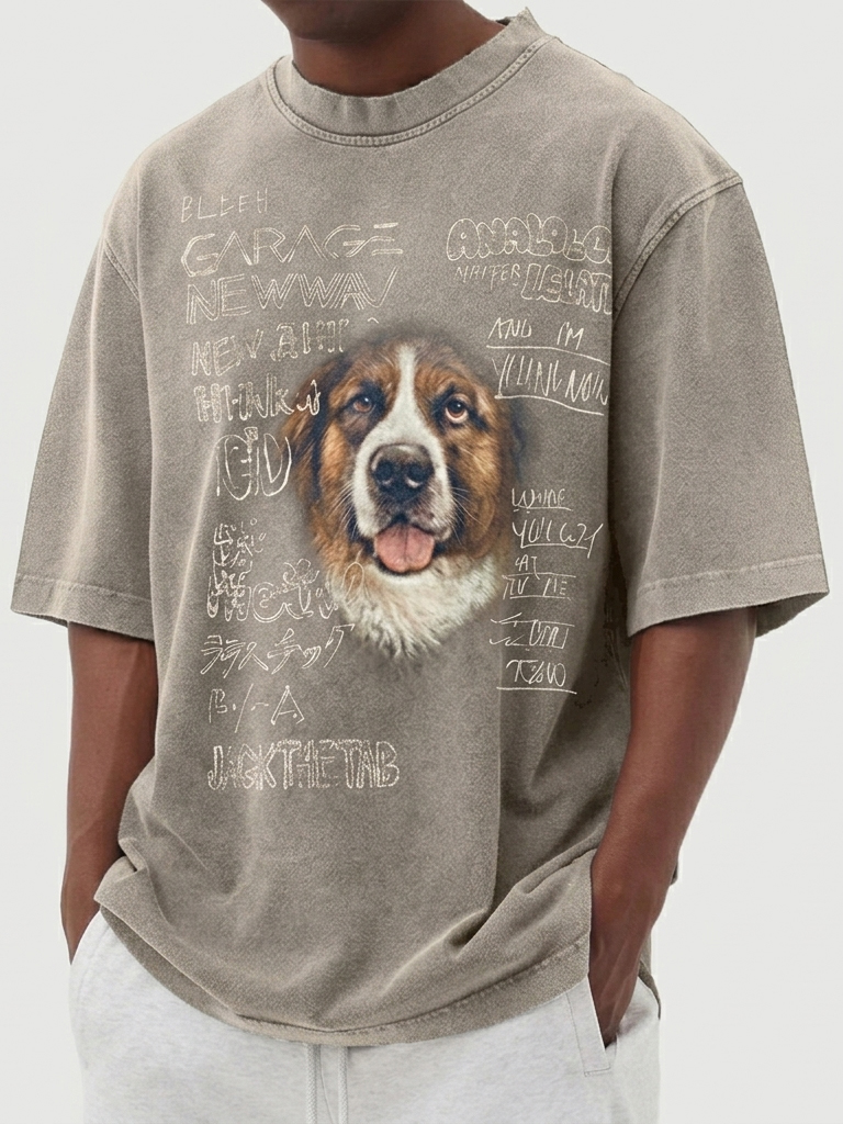 Men's Washed & Distressed Pure Cotton Dog-Print T-Shirt
