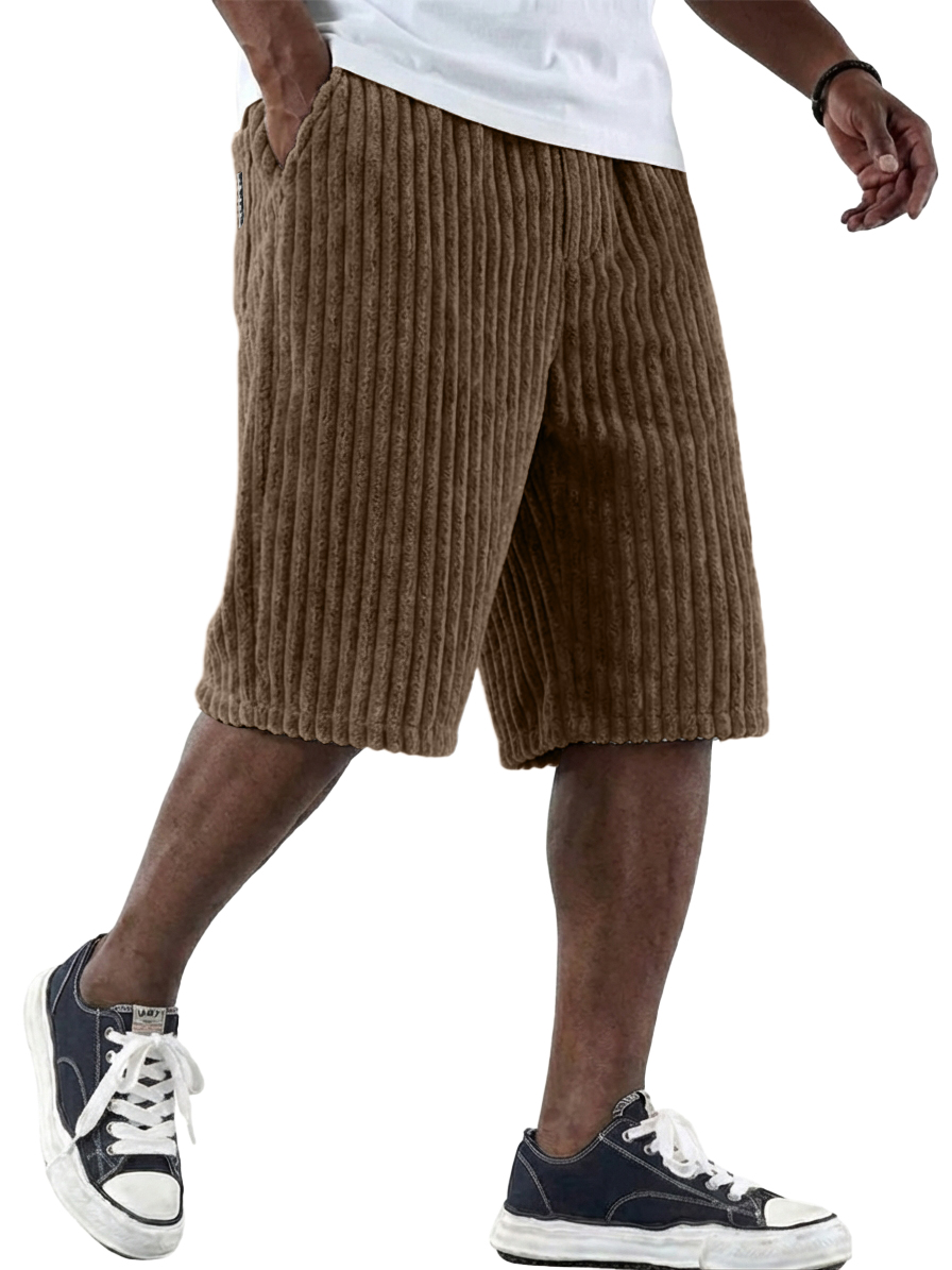 Men's Retro Corduroy Shorts with Embroidered Logo and Multiple Pockets