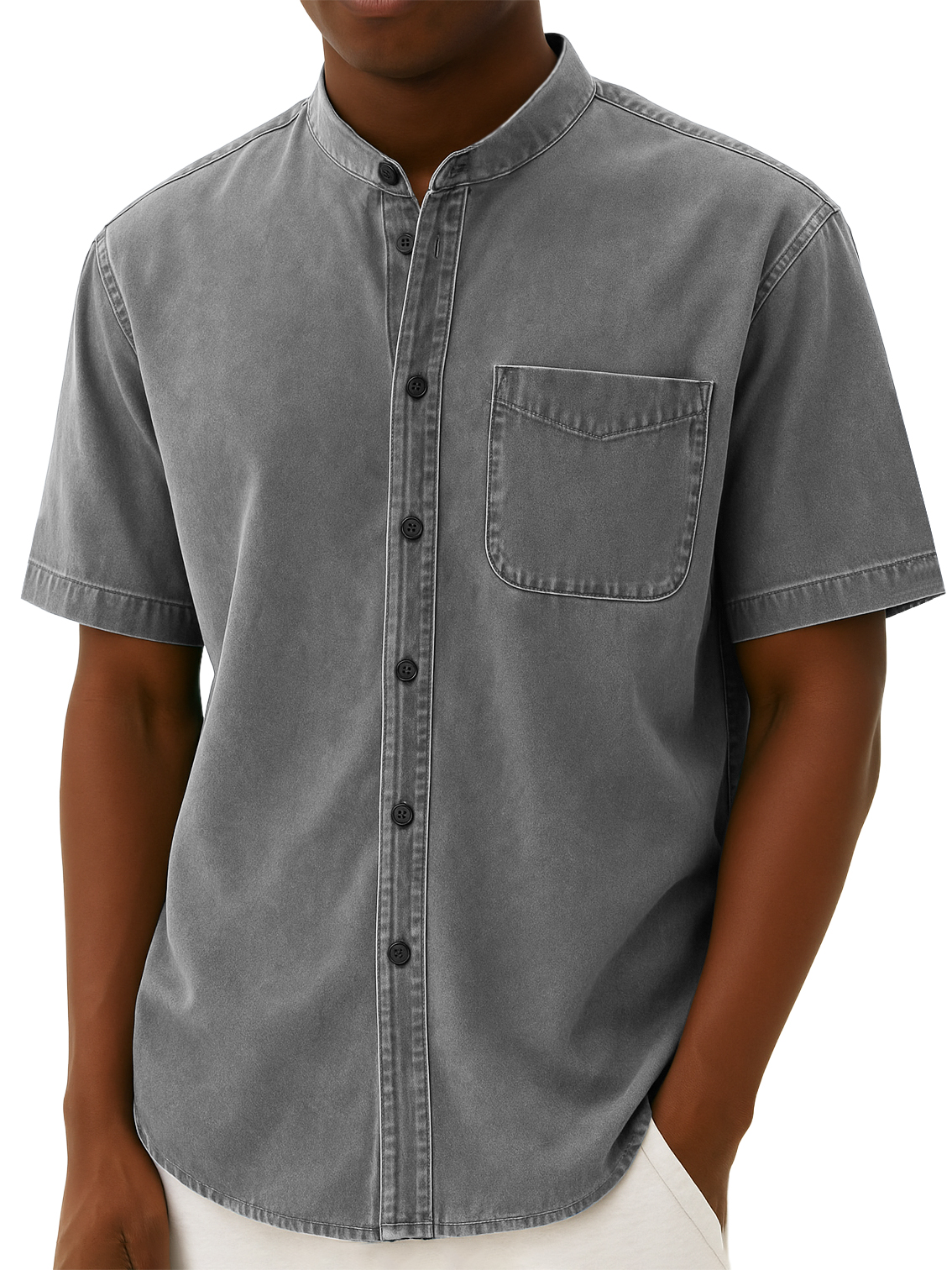 Men's Stylish Retro Distressed Pocket Work Short-sleeved Shirt With Stand-up Collar