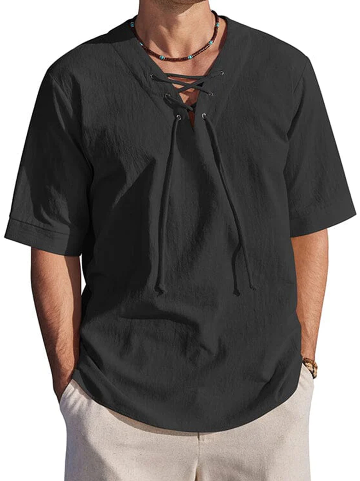 Men's Holiday Tie-Drape Hollow Neck Linen Casual Short Sleeve T-Shirt