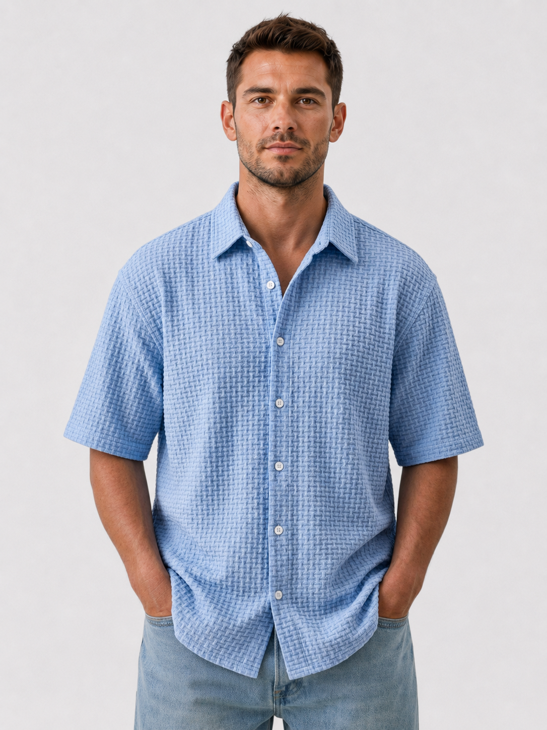 Men's Casual Comfortable Jacquard Textured Ice Silk Short Sleeve Shirt