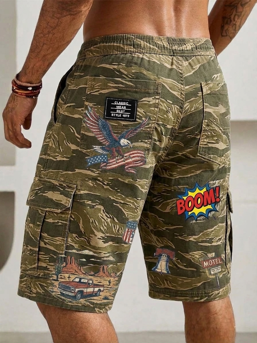 Vintage Camouflage Graffiti Print Cargo Basic Shorts
