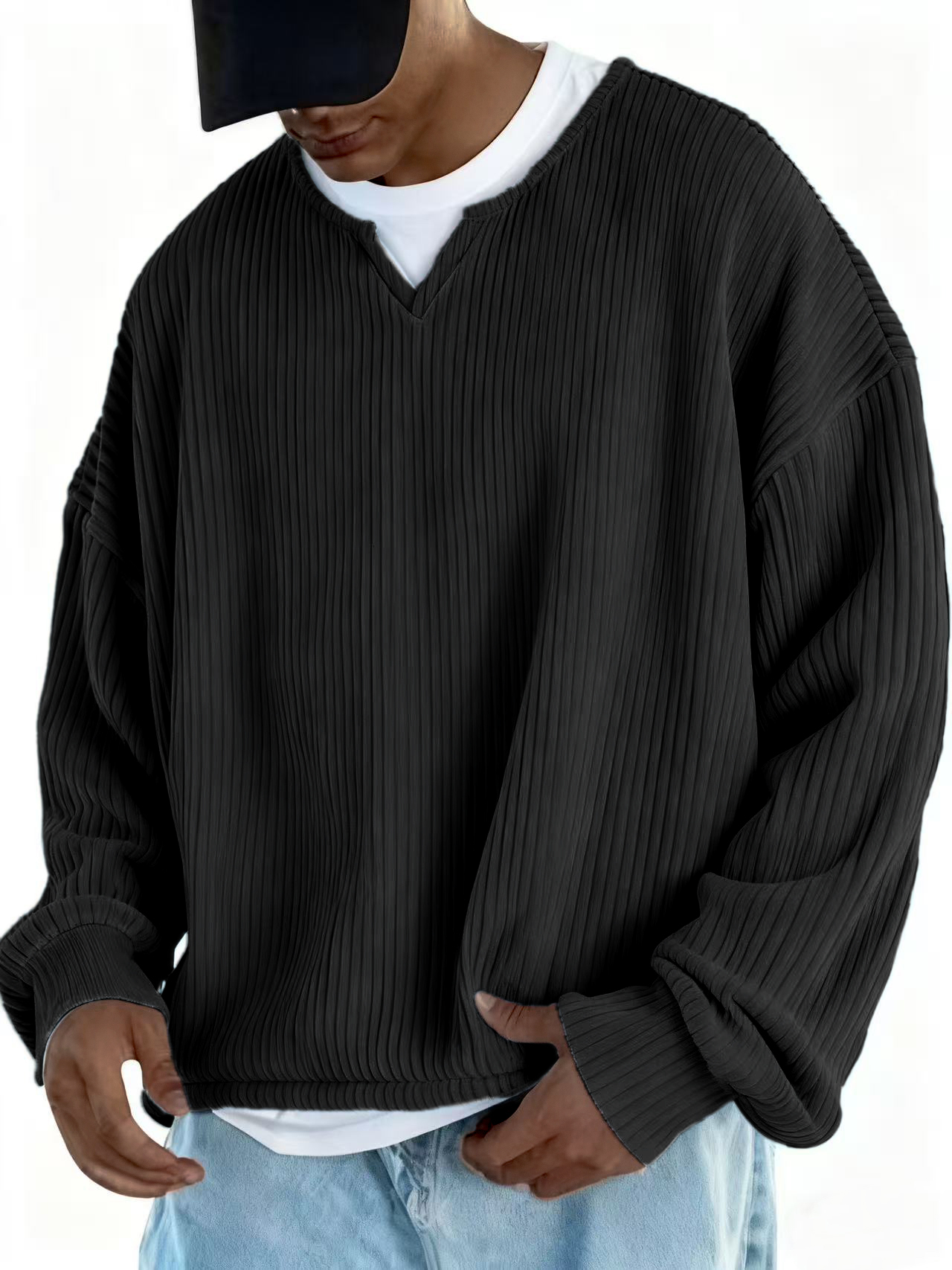Men's V-neck Notch Collar Ribbed Long-sleeved Pullover