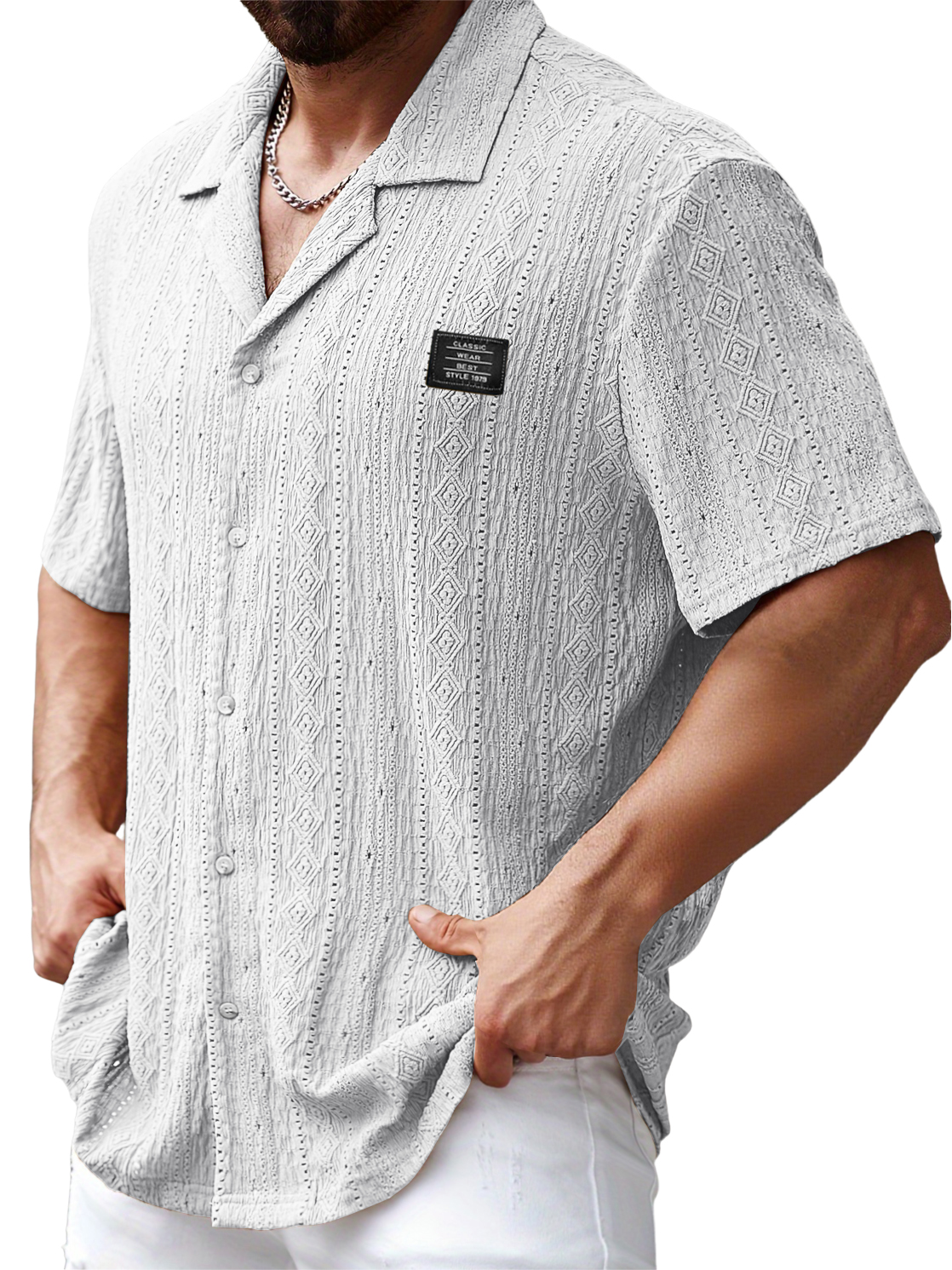 Men's Lapel Daily Jacquard Texture Embroidered Logo Casual And Comfortable Short-sleeved Shirt