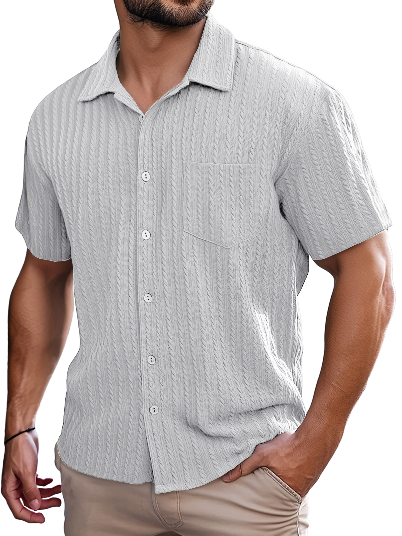 Men's Retro Casual Striped Jacquard Pocket Short-sleeved Shirt
