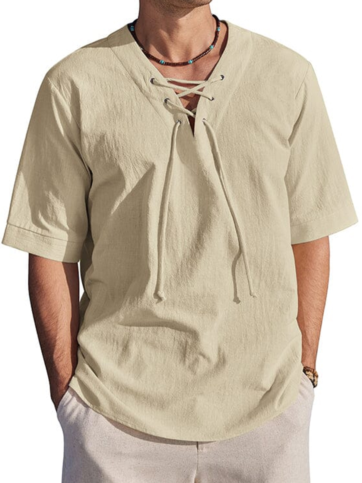 Men's Holiday Tie-Drape Hollow Neck Linen Casual Short Sleeve T-Shirt