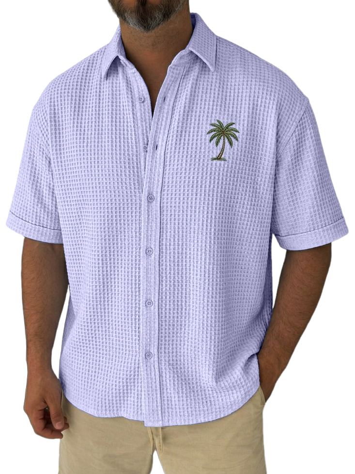 Men's Simple Casual Loose Fit Waffle-Knit Short Sleeve Shirt with Palm Tree Pattern