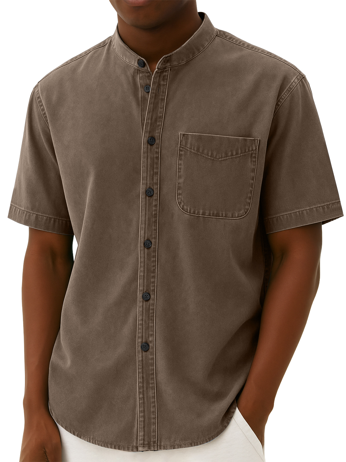 Men's Stylish Retro Distressed Pocket Work Short-sleeved Shirt With Stand-up Collar