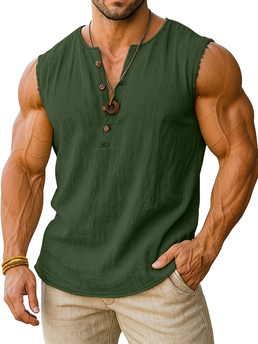 Men's Retro Cotton And Linen Sleeveless Henley Button-down T-shirt